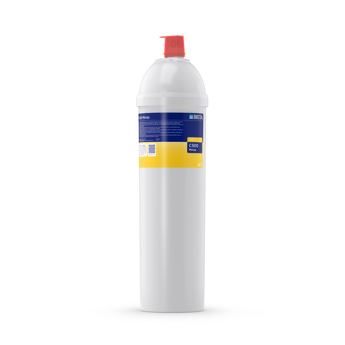 Vista frontale della cartuccia filtrante BRITA PURITY C500 MinUp con corpo bianco, etichetta blu-gialla e tappo rosso