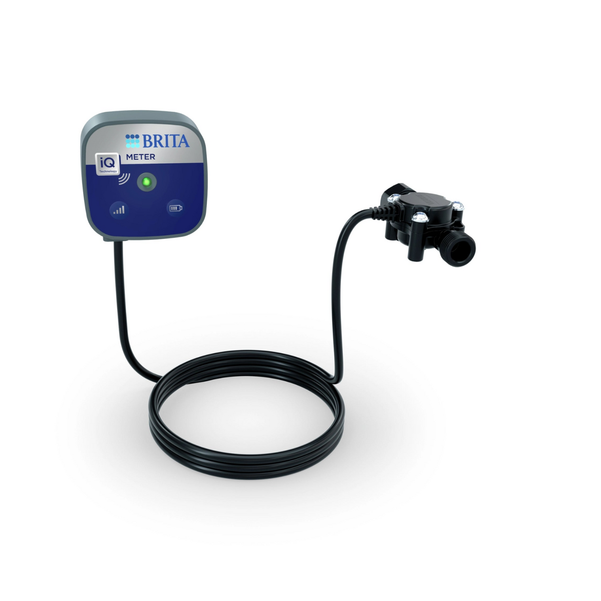 Dispositivo BRITA iQ Meter con pannello frontale blu, indicatore LED, cavo di collegamento e sensore di flusso per sistemi professionali di filtrazione dell’acqua.